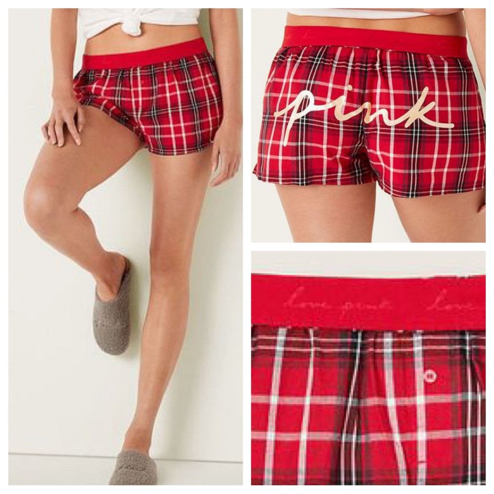 Vs Victorias Secret Pink Flannel Sleep Boxy Short Shortie Pin Up Red Plaid XXL